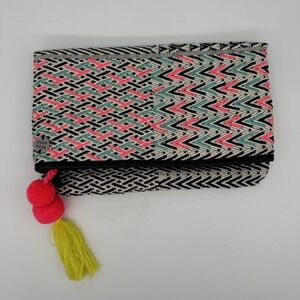 Pura Vida Boho Embroidered Fold-Over Clutch Bag Tassel Neon Pink Aztec Southwest